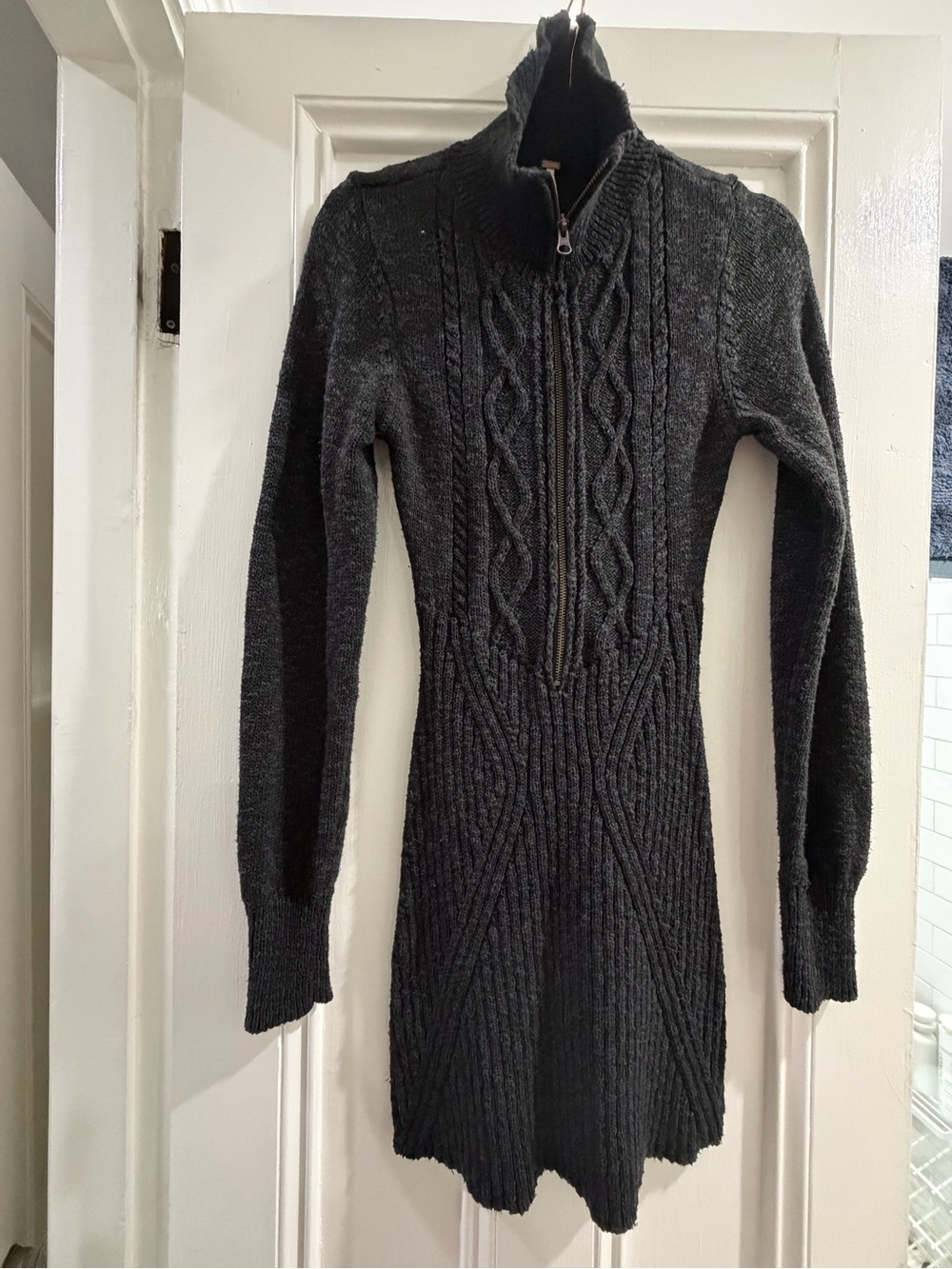 Free People Charcoal Cable-Knit Zip Turtleneck Sweater Dress